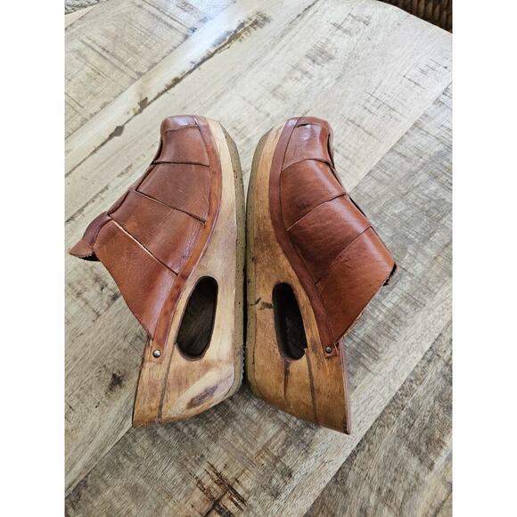QualiCraft Brown Leather Clogs 5B Made in Brazil Vintage 1970s Wooden Soles - Picture 6 of 9